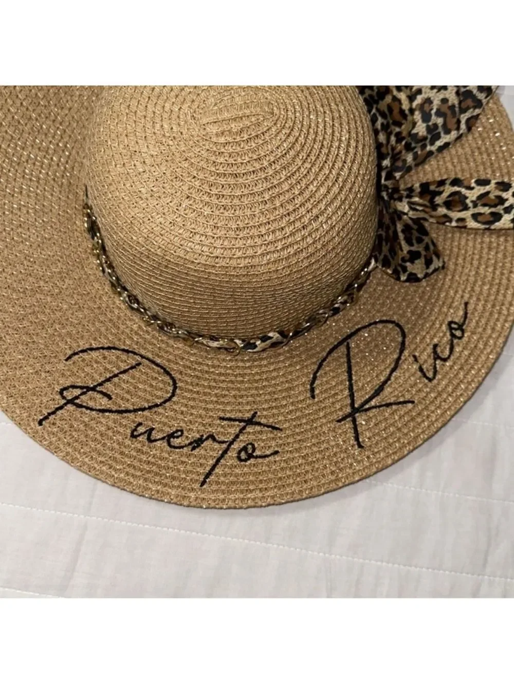 Tan Leopard Gold Tone Chain Scarf Puerto Rico Floppy Hat